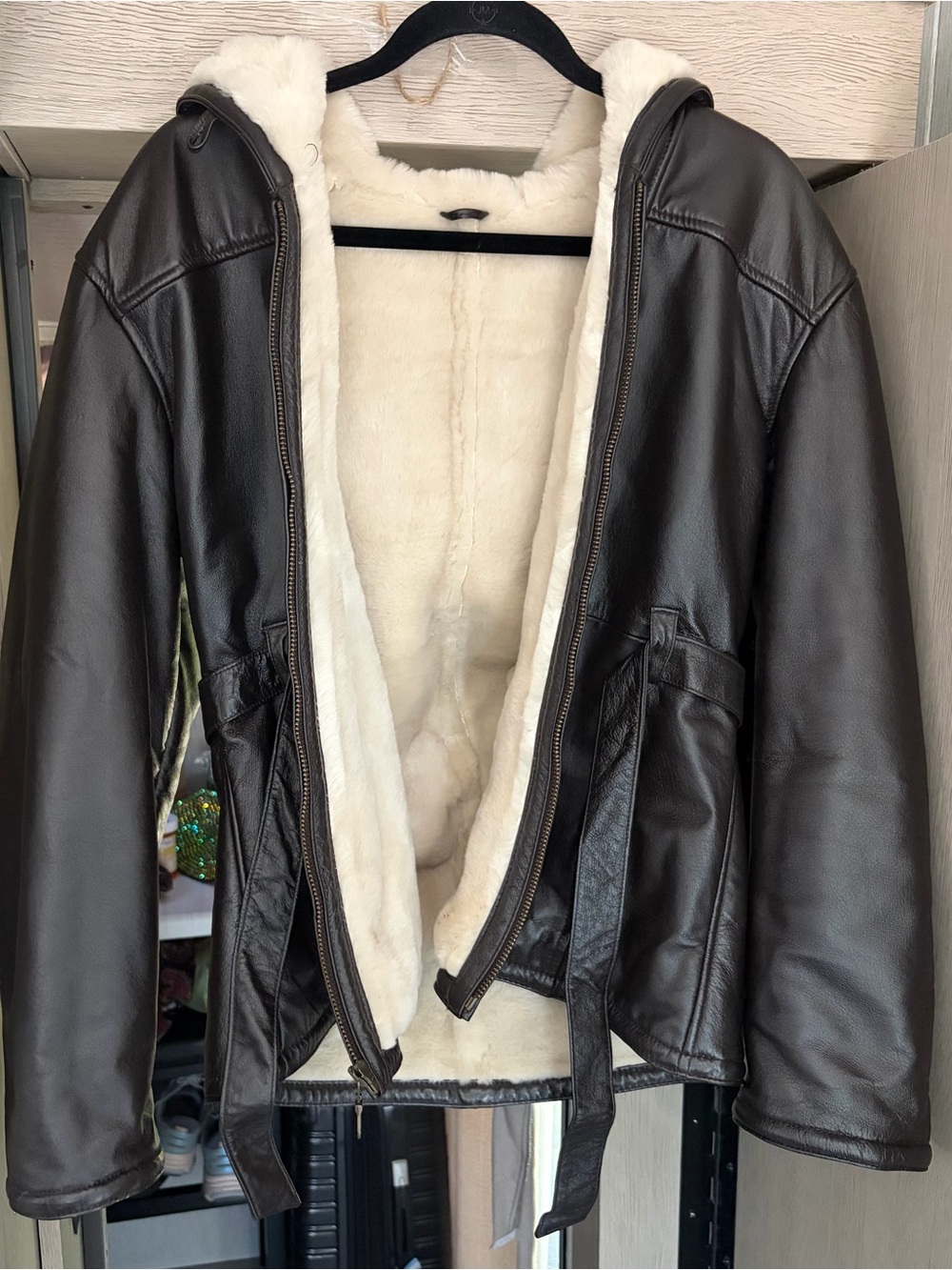 Wilsons Leather Dark Brown Faux Leather Jacket with Cream Shearling Lining